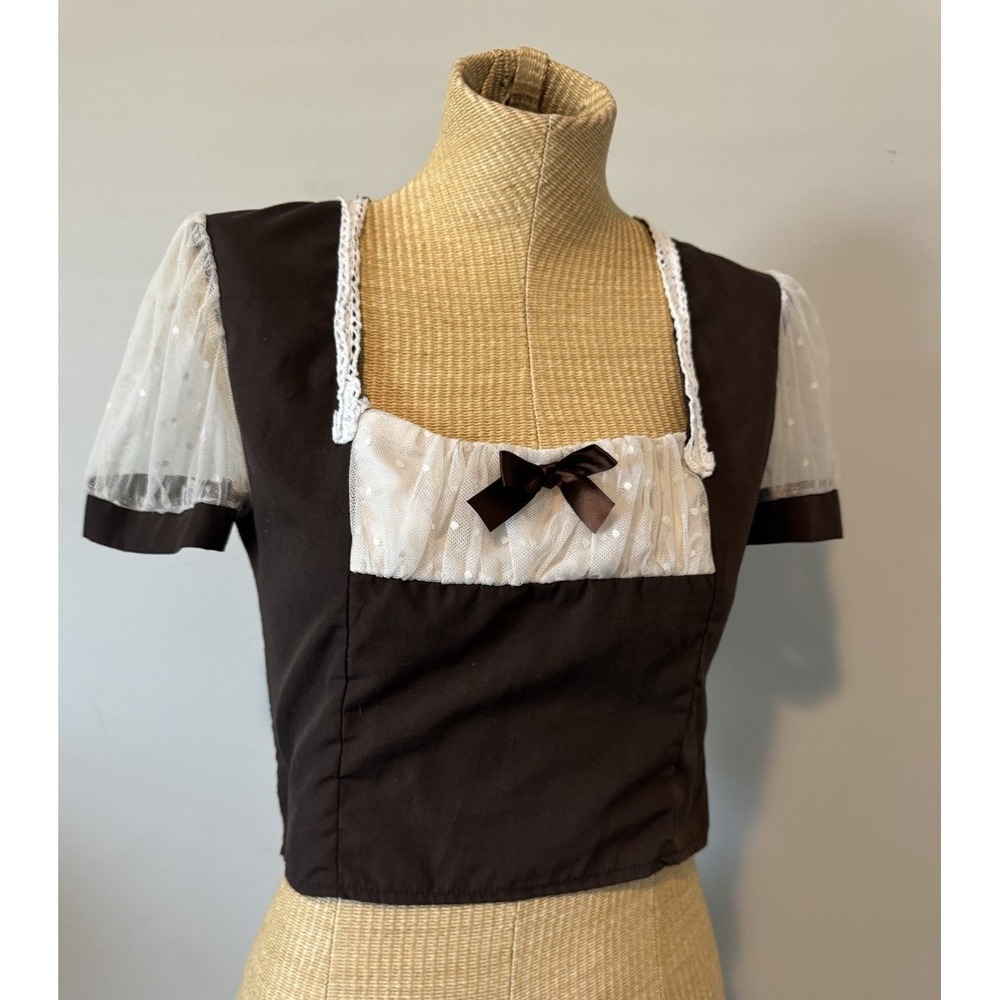 Romwe Babydoll Milk Maid Cottage‎ Top Cropped Brown With Lace Puff Sleeve Small